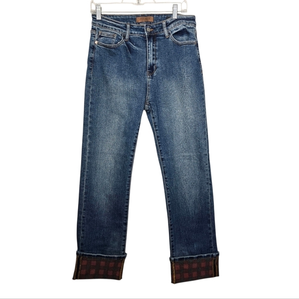 Judy Blue Women's Straight Leg Red And Blue Plaid Jeans